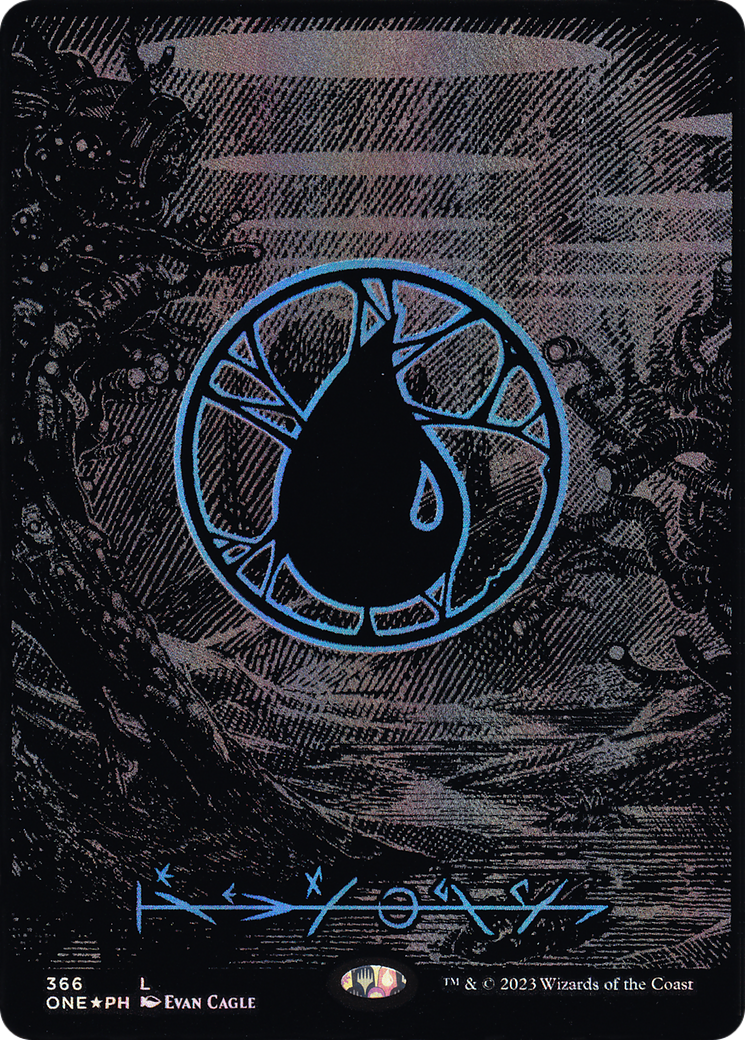 Island (Phyrexian) - Full Art (Oil Slick Raised Foil) (ONE-366) (Borderless) [Phyrexia: All Will Be One] Foil