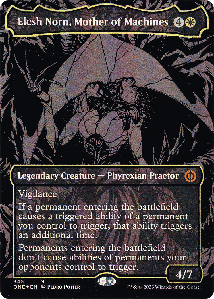 Elesh Norn, Mother of Machines (Oil Slick Raised Foil) (ONE-345) (Borderless) [Phyrexia: All Will Be One] Foil