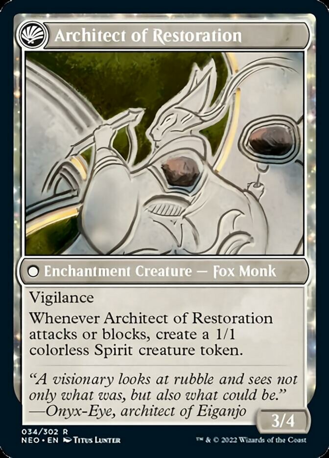 The Restoration of Eiganjo // Architect of Restoration (NEO-034) [Kamigawa: Neon Dynasty]: (fandfc, enchantment) Foil