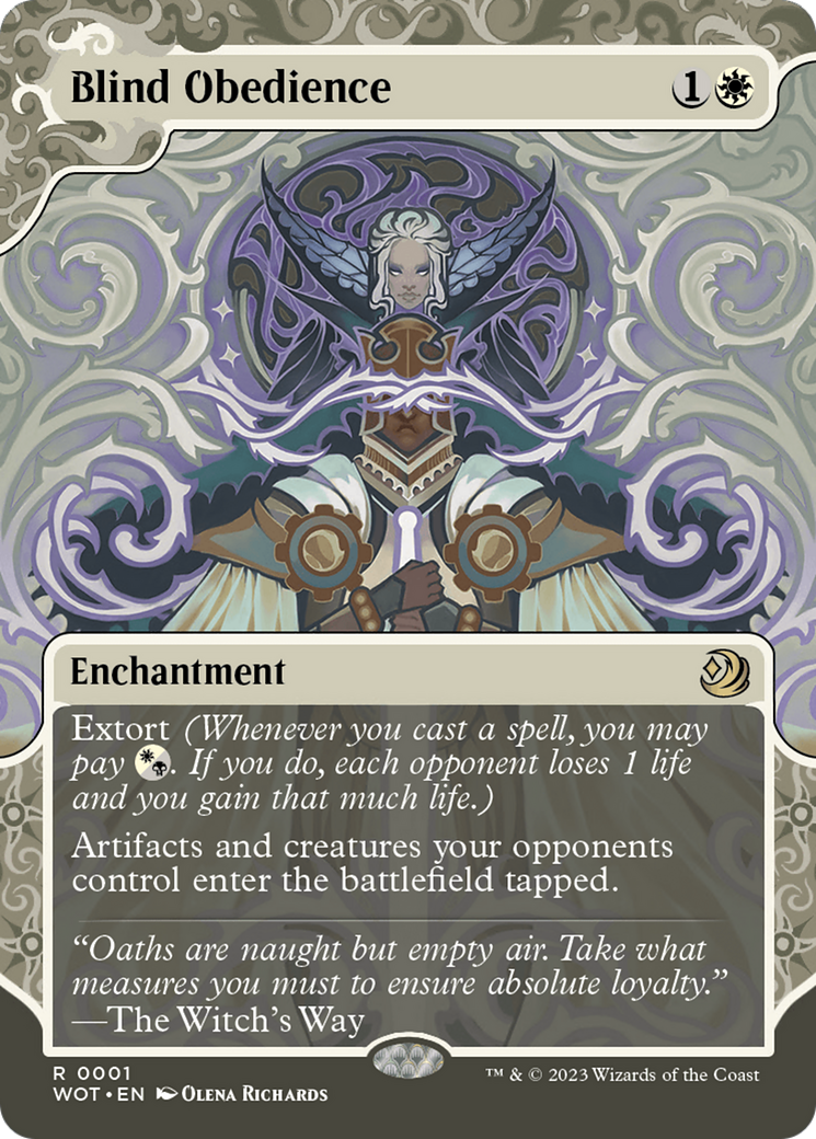 Blind Obedience (WOT-001) [Wilds of Eldraine: Enchanting Tales]: (Showcase) (Borderless)