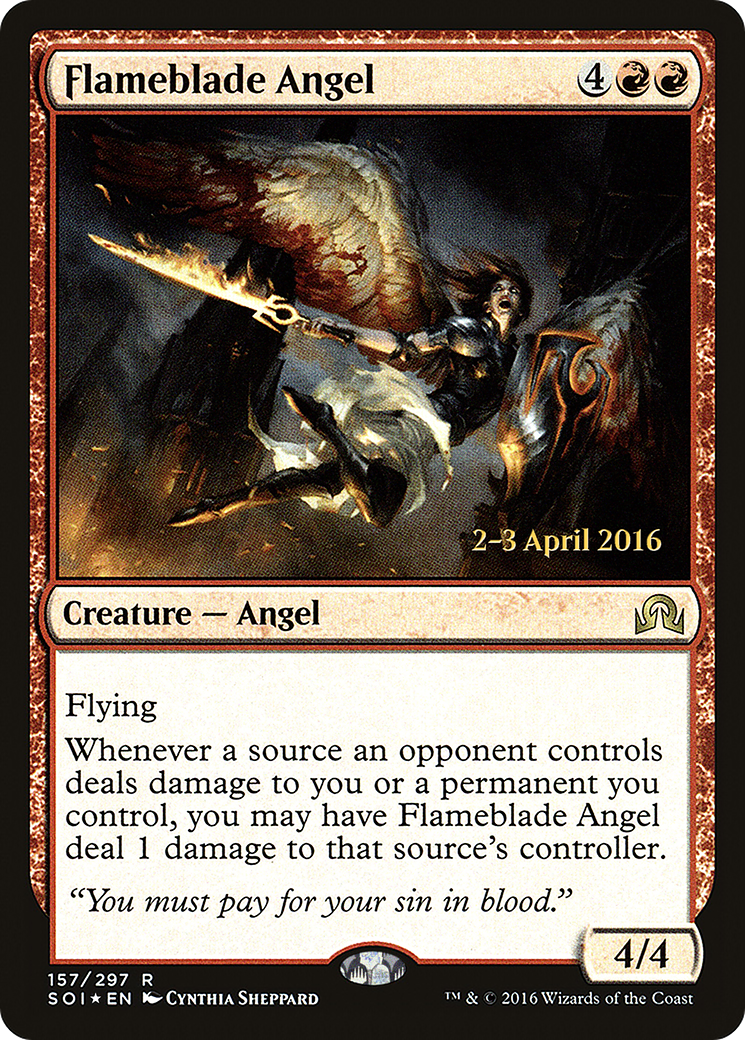 Flameblade Angel (PRE-157S) [Shadows over Innistrad Promos] Foil