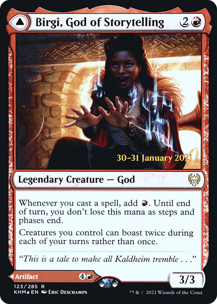 Birgi, God of Storytelling // Harnfel, Horn of Bounty (PRE-123S) [Kaldheim Promos] Foil