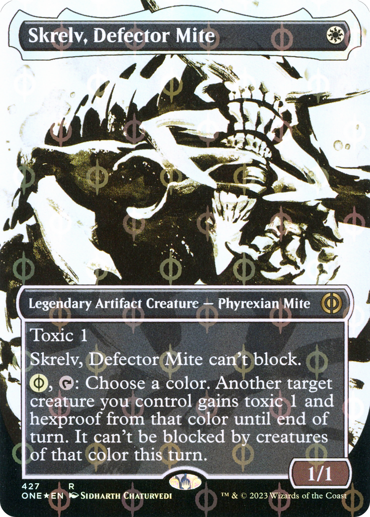 Skrelv, Defector Mite (ONE-427) [Phyrexia: All Will Be One]: (Showcase) (Borderless) Foil