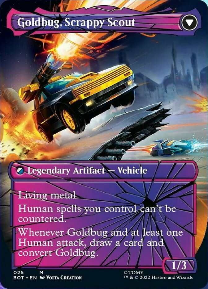 Goldbug, Humanity's Ally // Goldbug, Scrappy Scout (BOT-025) [Transformers]: (shatteredglass, convertdfc) (Borderless) Foil