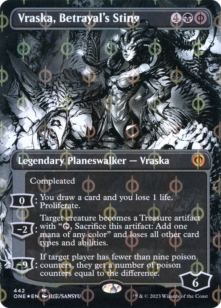 Vraska, Betrayal's Sting (ONE-442) [Phyrexia: All Will Be One]: (Showcase) (Borderless) Foil