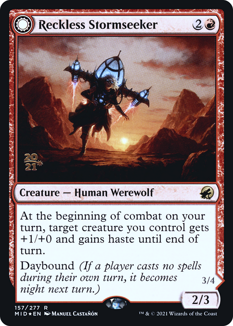 Reckless Stormseeker // Storm-Charged Slasher (PRE-157S) [Innistrad: Midnight Hunt Promos]: (Double Faced Transform) Foil