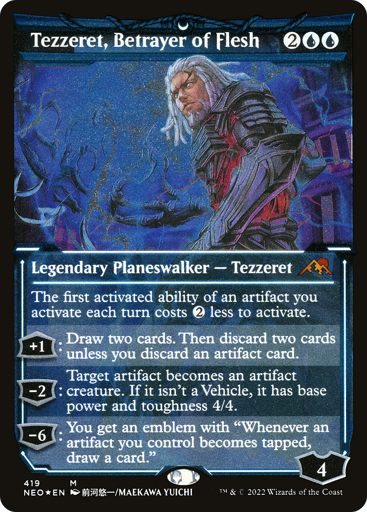Tezzeret, Betrayer of Flesh (NEO-419) [Kamigawa: Neon Dynasty]: (Showcase) Etched Foil