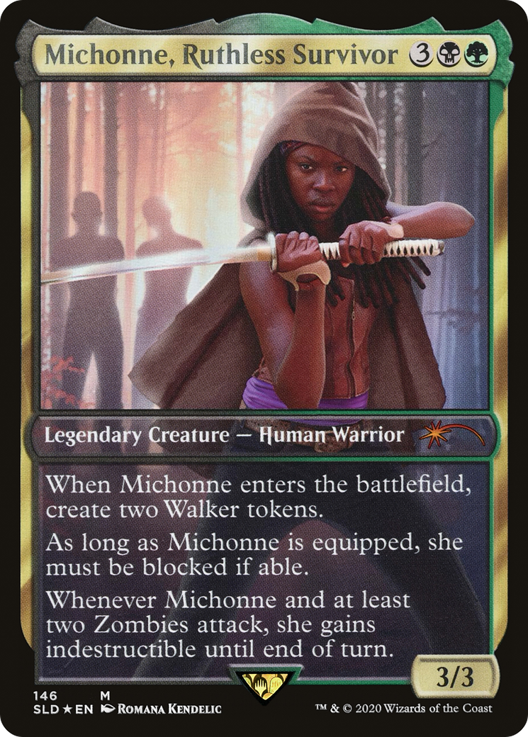 Enkira, Hostile Scavenger (SLD-146) [Secret Lair Drop] / Michonne, Ruthless Survivor Foil