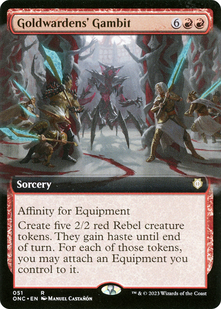 Goldwardens' Gambit (ONC-051) [Phyrexia: All Will Be One Commander]: (Extended Art)