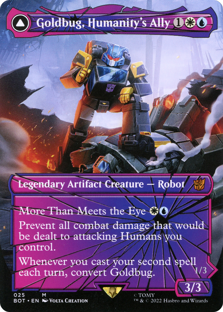 Goldbug, Humanity's Ally // Goldbug, Scrappy Scout (BOT-025) [Transformers]: (shatteredglass, convertdfc) (Borderless) Foil