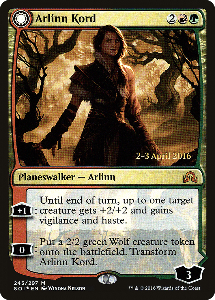 Arlinn Kord // Arlinn, Embraced by the Moon (PRE-243S) [Shadows over Innistrad Promos]: (Double Faced Transform) Foil