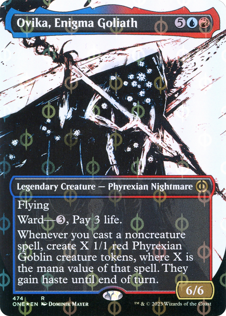 Ovika, Enigma Goliath (ONE-474) [Phyrexia: All Will Be One]: (Showcase) (Borderless) Foil