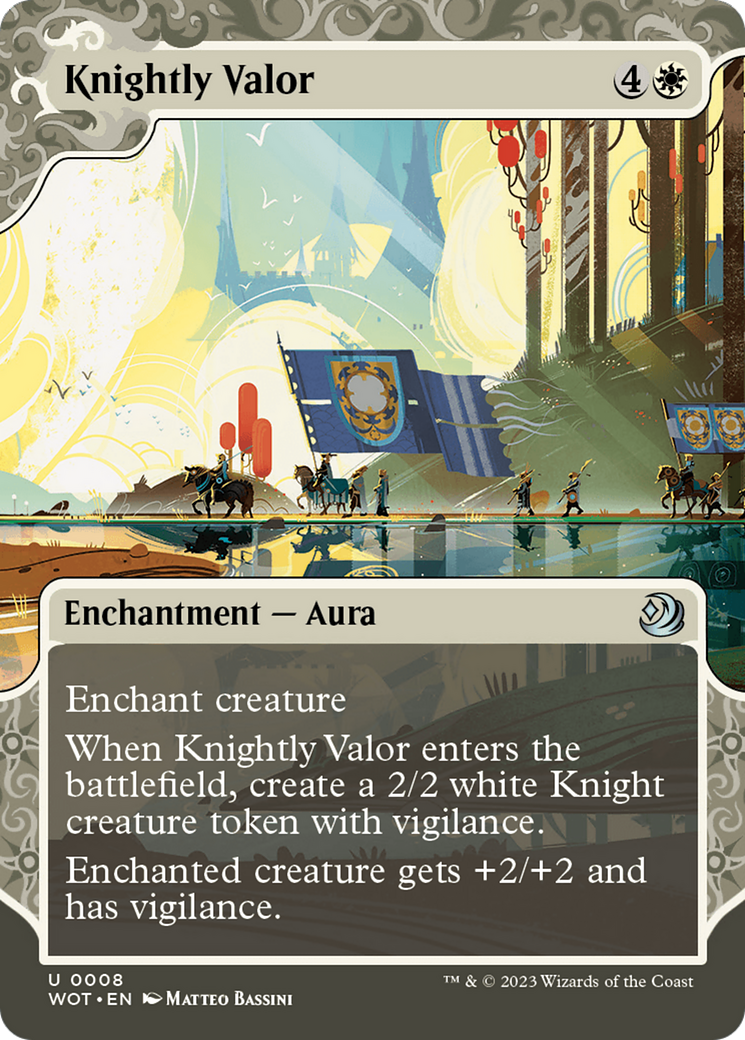 Knightly Valor (WOT-008) [Wilds of Eldraine: Enchanting Tales]: (Showcase) (Borderless) Foil