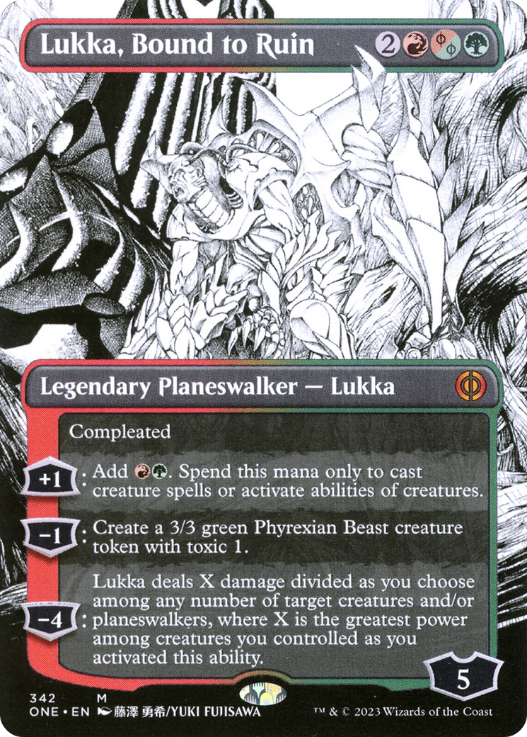 Lukka, Bound to Ruin (ONE-342) [Phyrexia: All Will Be One]: (Showcase) (Borderless) Foil