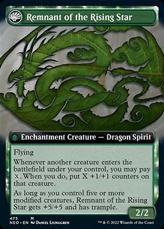 Jugan Defends the Temple // Remnant of the Rising Star (NEO-475) [Kamigawa: Neon Dynasty]: (Extended Art, fandfc, enchantment) Foil
