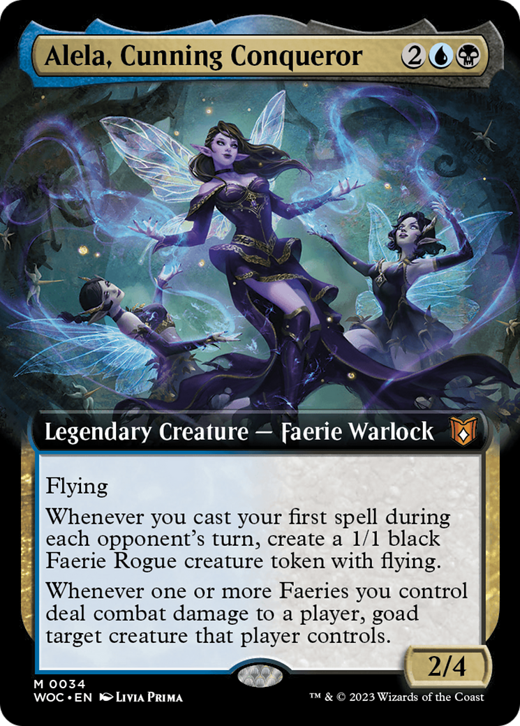 Alela, Cunning Conqueror (WOC-034) [Wilds of Eldraine Commander]: (Extended Art)