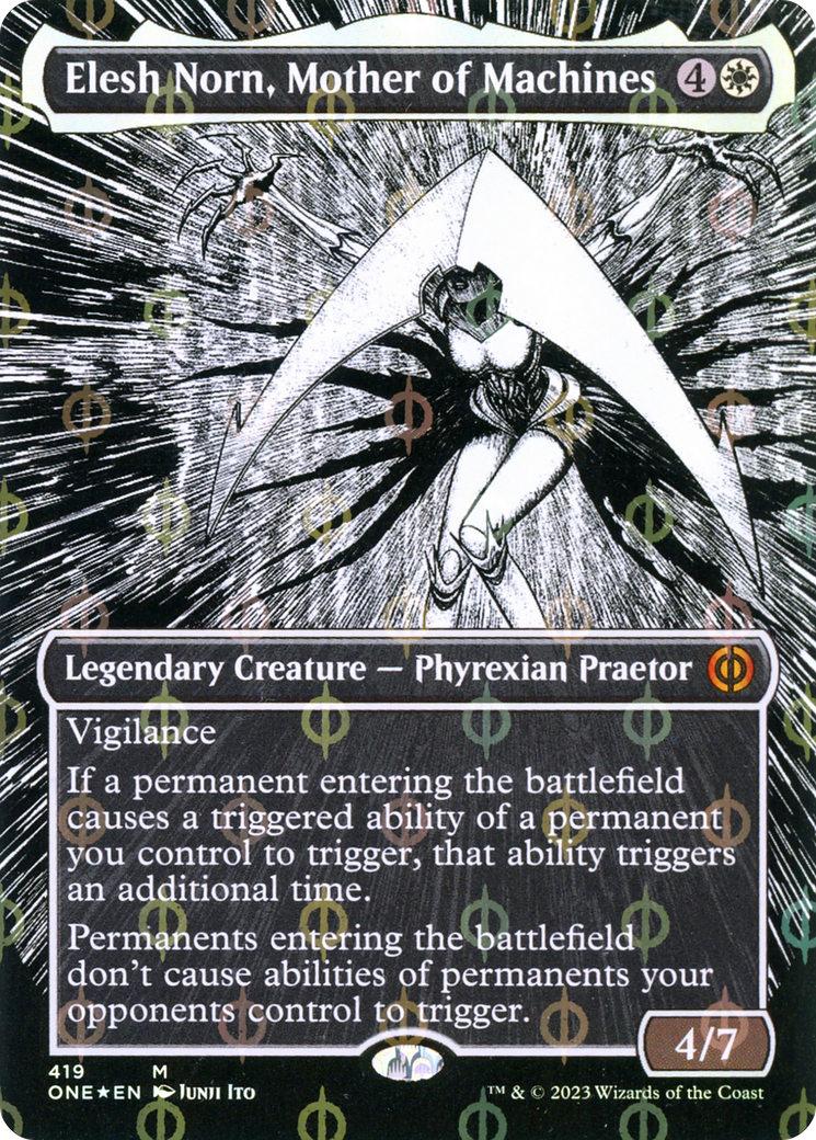 Elesh Norn, Mother of Machines (Borderless) (Step-and-Compleat Foil) (ONE-419) (Showcase) [Phyrexia: All Will Be One] Foil