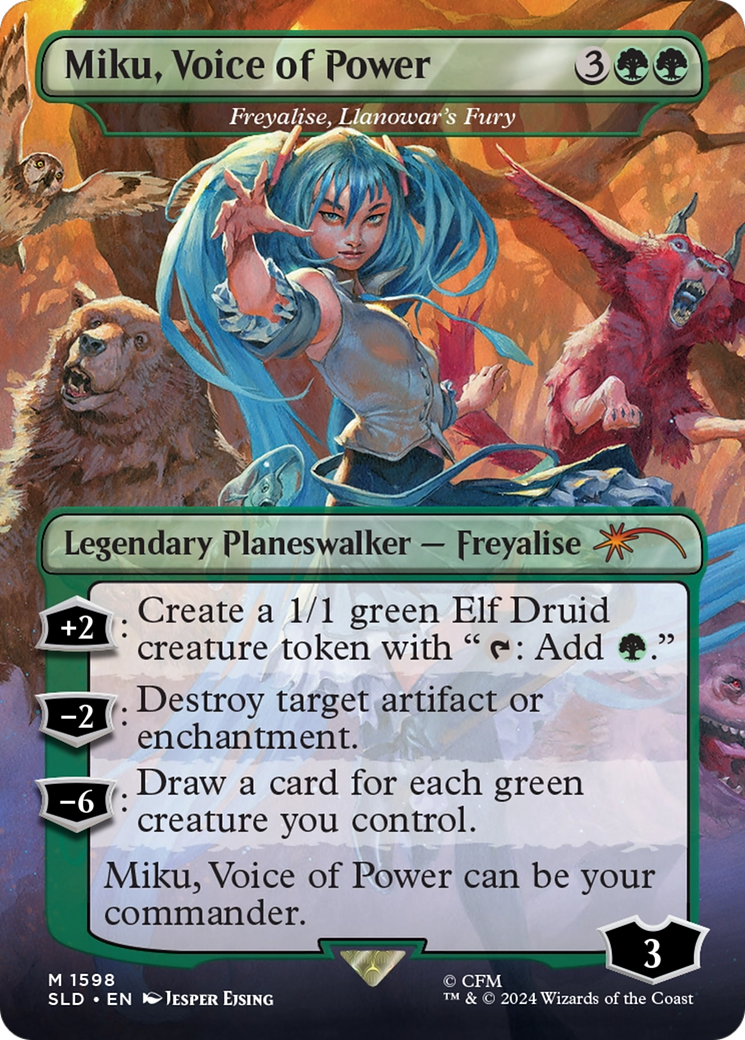 Freyalise, Llanowar's Fury (SLD-1598) [Secret Lair Drop] / Miku, Voice of Power (Borderless)