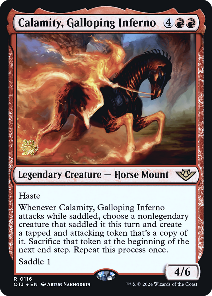 Calamity, Galloping Inferno (PRE-116S) [Outlaws of Thunder Junction Promos] Foil