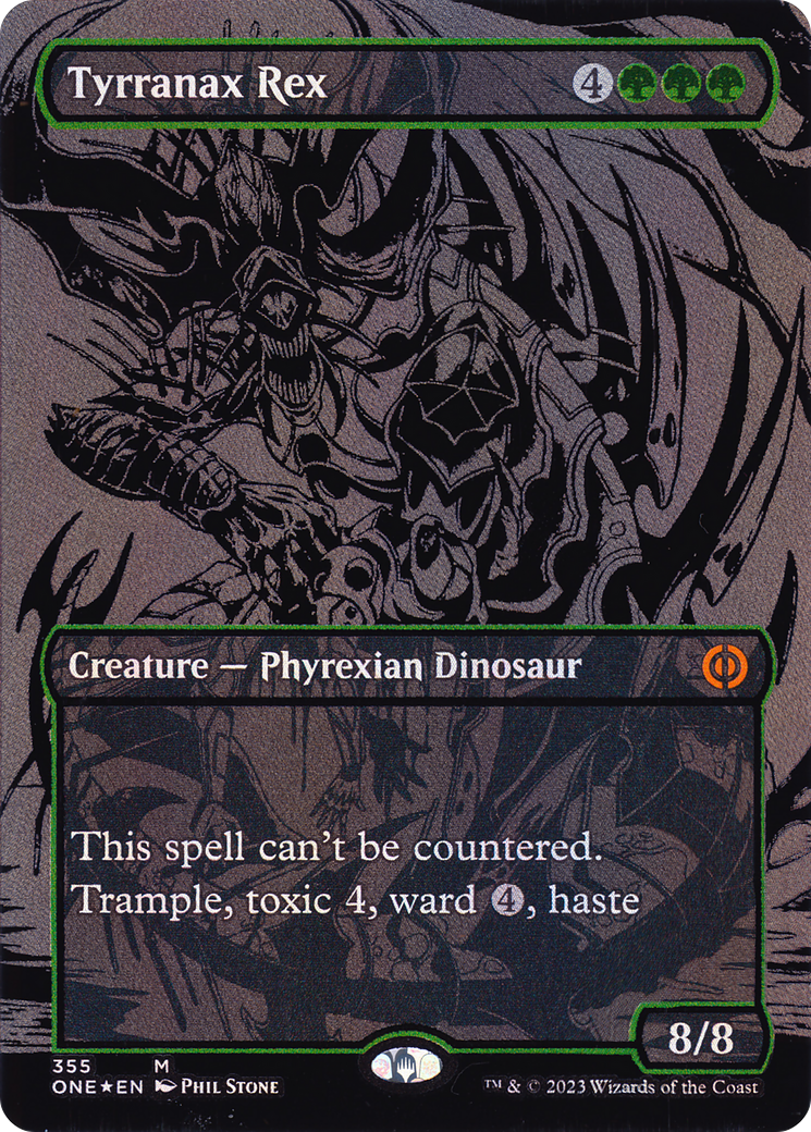 Tyrranax Rex (Oil Slick Raised Foil) (ONE-355) (Borderless) [Phyrexia: All Will Be One] Foil