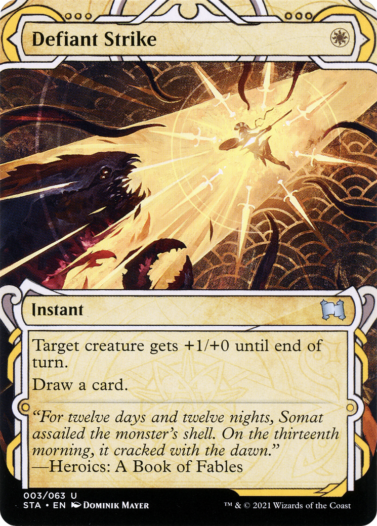Defiant Strike (STA-003) (Showcase) (Borderless) [Strixhaven Mystical Archive] Foil