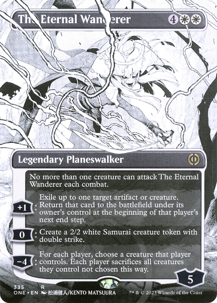 The Eternal Wanderer (ONE-335) [Phyrexia: All Will Be One]: (Showcase) (Borderless) Foil
