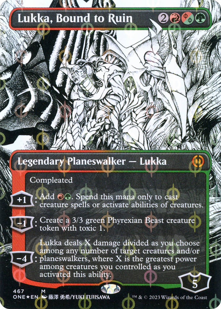 Lukka, Bound to Ruin (ONE-467) [Phyrexia: All Will Be One]: (Showcase) (Borderless) Foil