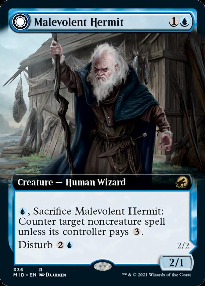 Malevolent Hermit // Benevolent Geist (MID-336) [Innistrad: Midnight Hunt]: (Extended Art, Double Faced Transform) Foil