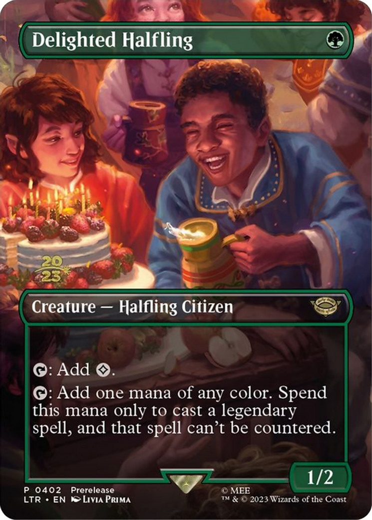 Delighted Halfling (PRE-402S) [Tales of Middle-earth Promos] (Borderless) Foil