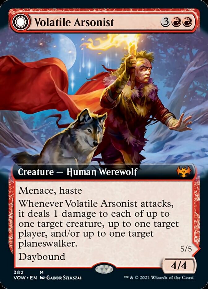 Volatile Arsonist // Dire-Strain Anarchist (VOW-382) [Innistrad: Crimson Vow]: (Extended Art, Double Faced Transform) Foil