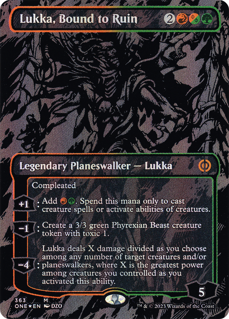 Lukka, Bound to Ruin (ONE-363) [Phyrexia: All Will Be One] (Borderless) Foil