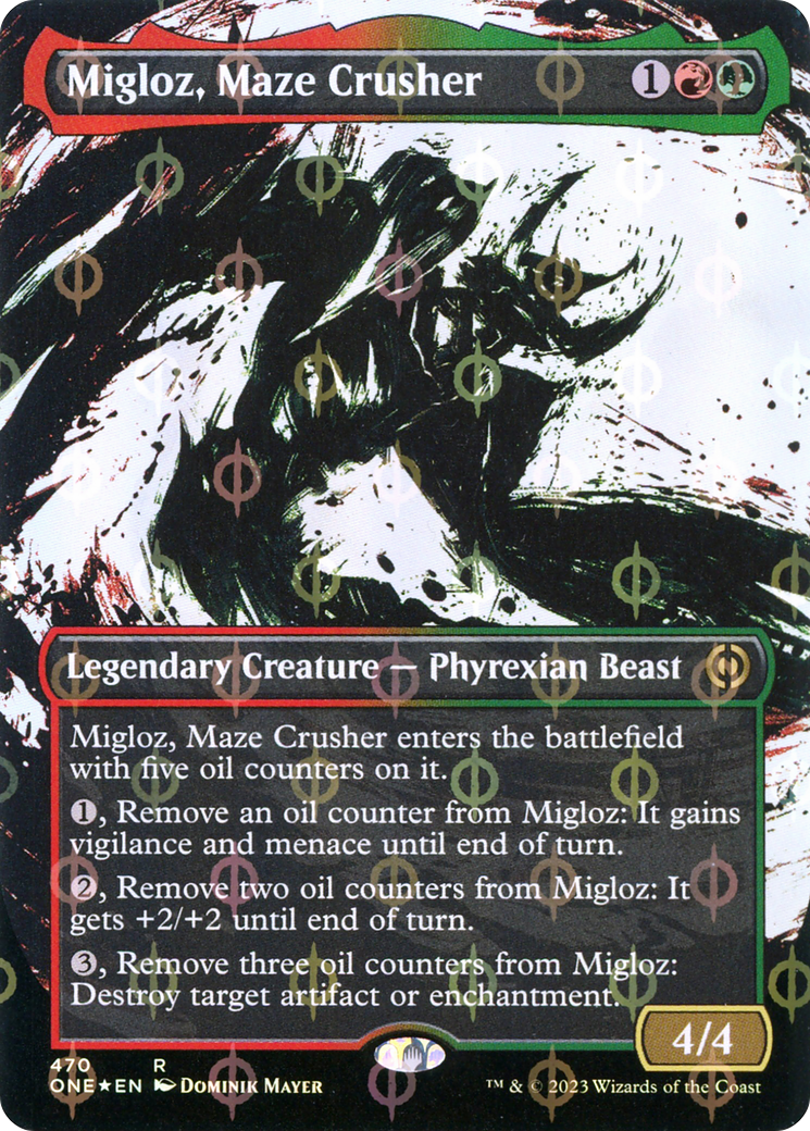Migloz, Maze Crusher (ONE-470) [Phyrexia: All Will Be One]: (Showcase) (Borderless) Foil