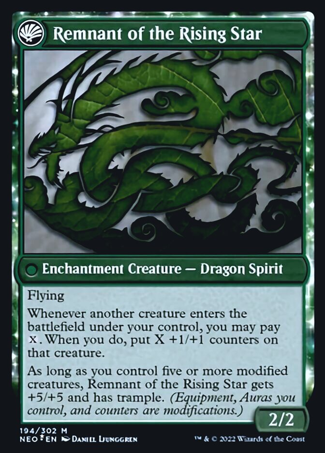 Jugan Defends the Temple // Remnant of the Rising Star (PRE-194S) [Kamigawa: Neon Dynasty Promos]: (fandfc, enchantment) Foil