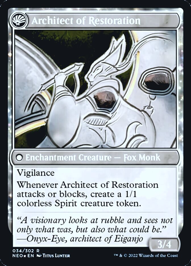 The Restoration of Eiganjo // Architect of Restoration (PRE-34S) [Kamigawa: Neon Dynasty Promos]: (fandfc, enchantment) Foil
