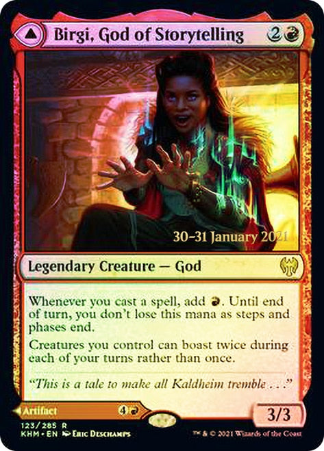 Birgi, God of Storytelling // Harnfel, Horn of Bounty (PRE-123S) [Kaldheim Promos] Foil